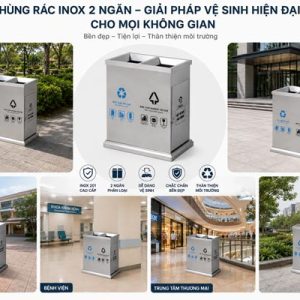 Thùng rác 2 ngăn inox ngoài trời dung tích 60L bền chắc tiện lợi