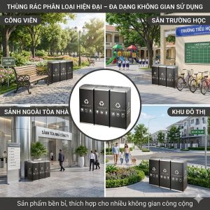 Thùng rác 3 ngăn nắp lật ngoài trời Plasticsaigon - anh san pham