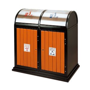 Thùng rác gỗ 2 ngăn khung thép nắp lật inox Plasticsaigon - anh san pham