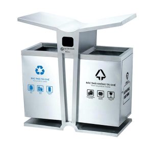 Thùng rác inox 2 ngăn có mái che dung tích 60L bền đẹp cho công cộng