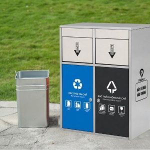 Thùng rác inox 2 ngăn cửa đẩy 60L bền đẹp cho văn phòng và công cộng