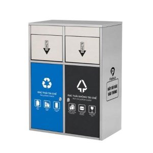 Thùng rác inox 2 ngăn cửa đẩy 60L bền đẹp cho văn phòng và công cộng - hình 1