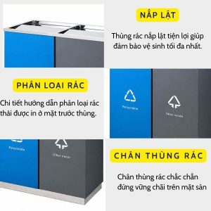 Thùng rác inox 2 ngăn nắp lật 60L bền đẹp cho văn phòng và công cộng - hình 1
