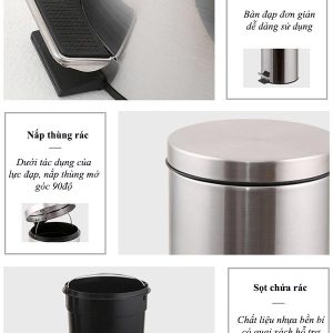 Thùng rác inox đạp chân tròn 12L bền đẹp tiện lợi cho gia đình văn phòng - hình 1