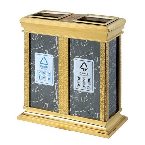 Thùng rác inox mạ vàng 2 ngăn 60L có gạt tàn cao cấp