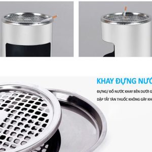 Thùng rác inox tròn màu trắng có gạt tàn Plasticsaigon - anh san pham