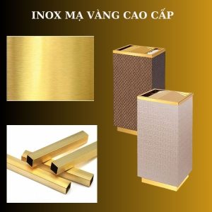 Thùng rác inox vàng bọc giả da Plasticsaigon - anh san pham