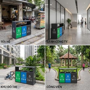 Thùng rác ngoài trời 3 ngăn có gạt tàn Plasticsaigon - hinh 2