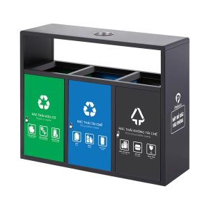 Thùng rác ngoài trời 3 ngăn HDPE có gạt tàn, dung tích lớn, bền bỉ
