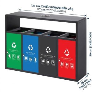 Thùng rác sơn đen 4 ngăn có gạt tàn Plasticsaigon - anh san pham