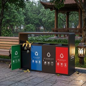 Thùng rác sơn đen 4 ngăn có gạt tàn Plasticsaigon - hinh 2